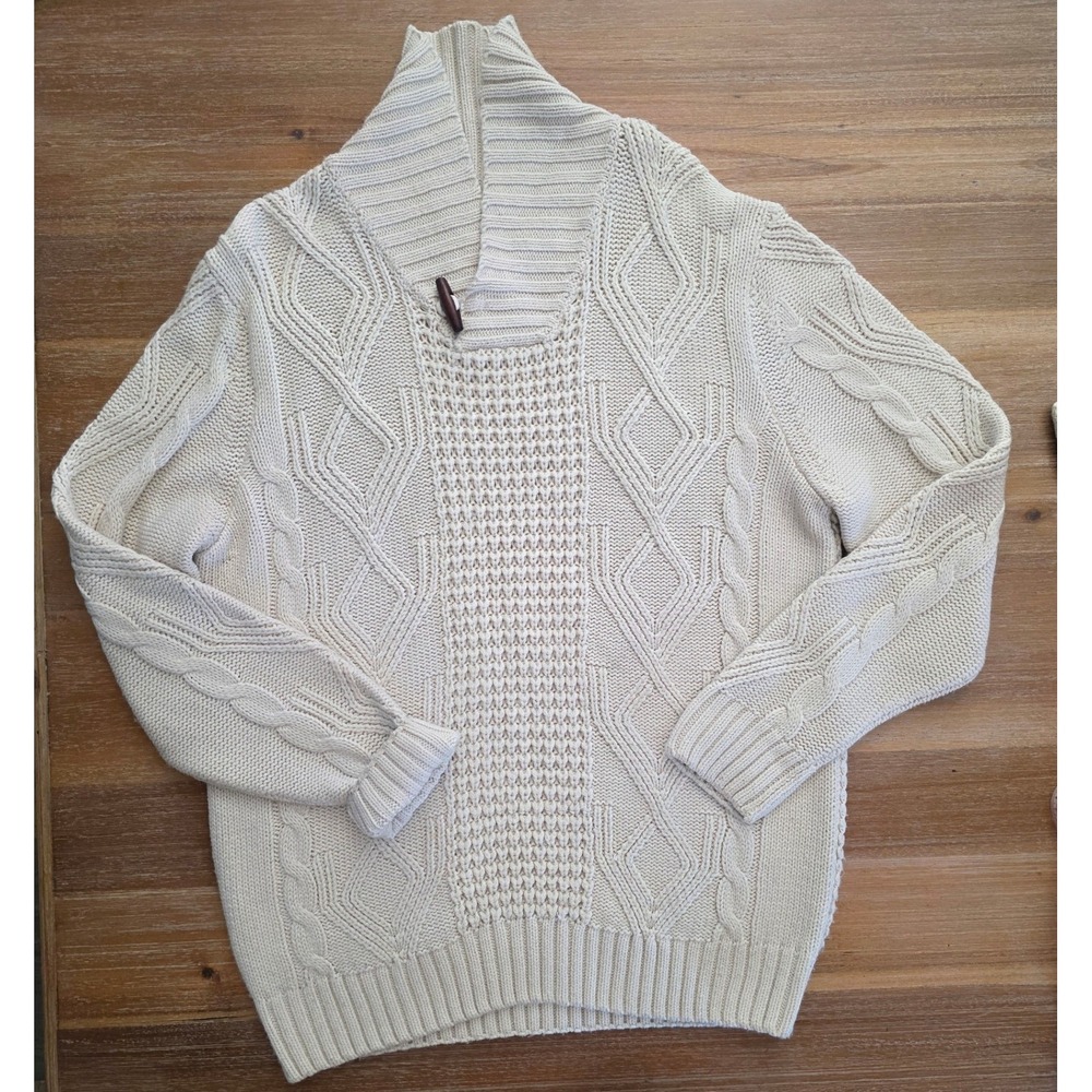 American Threads Mens Large Shawl Collar Cable Knit Toggle Sweater Cream White